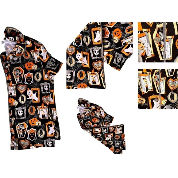 Munki Munki Halloween Pajama Top Large Short Sleeves Button Werewolf Witch Ghost - Picture 9 of 12